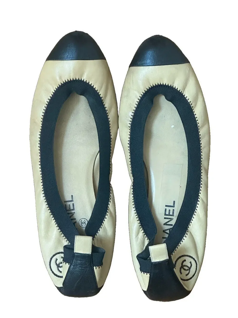 Chanel Vintage Beige & Black Lambskin Cap Toe Elastic Ballet Flats - Size 40